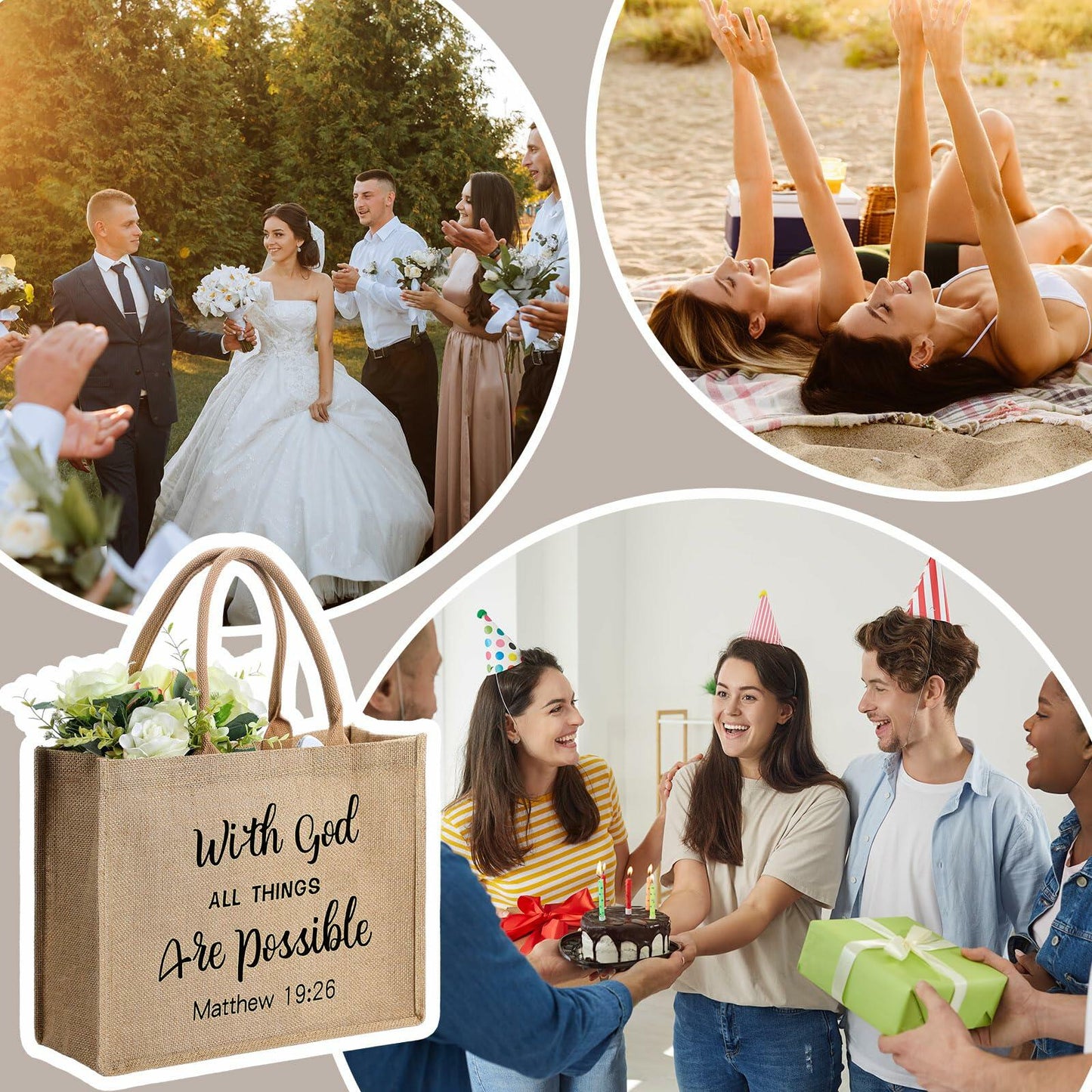 4 Pack Church Mother's Day Burlap Tote Bags 15.3x12x6 Inch Brown Handle