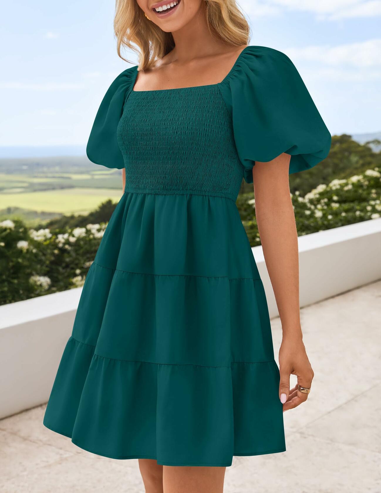 ZESICA Women's Boho Puff Sleeve Smocked Mini Dress Teal Size Small 2025