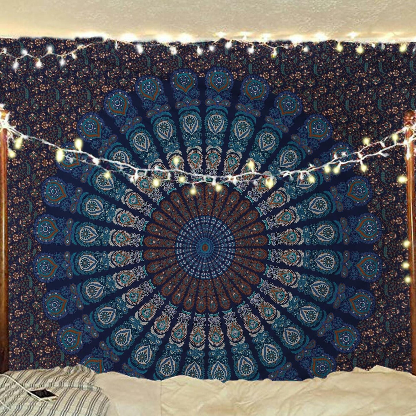 Bless Intl Peacock Mandala Tapestry King Size 88x104" Blue Green Boho Decor