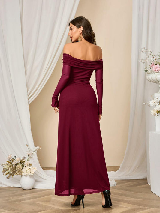 Colysmo Women Off Shoulder Mesh Bodycon Maxi Dress Burgundy Size XL