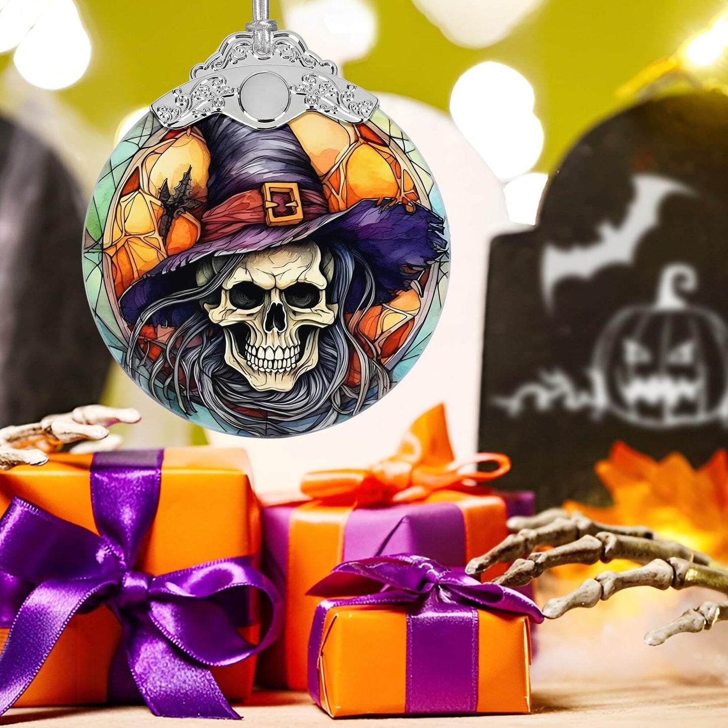 Death Skull Stained Glass Christmas Ornament Holiday Decoration