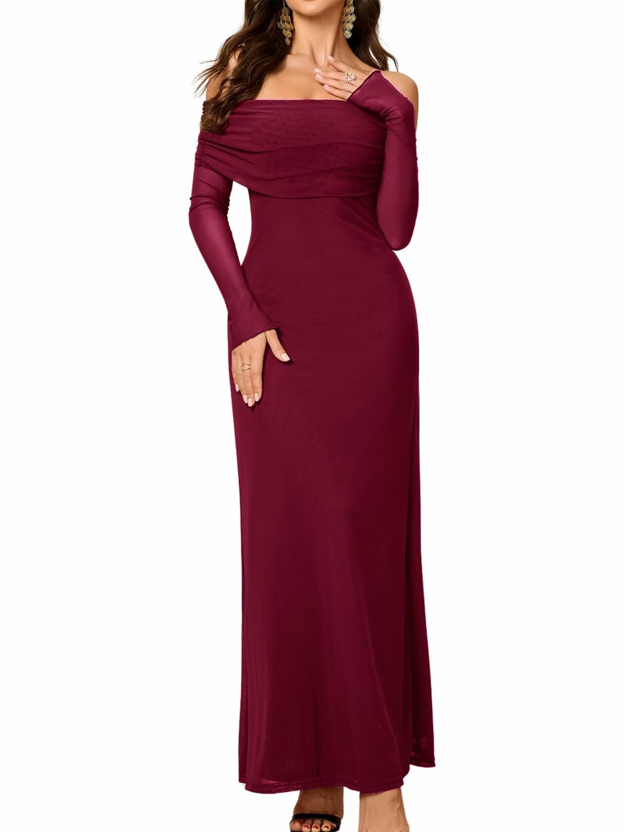 Colysmo Women Off Shoulder Mesh Bodycon Maxi Dress Burgundy Size XL