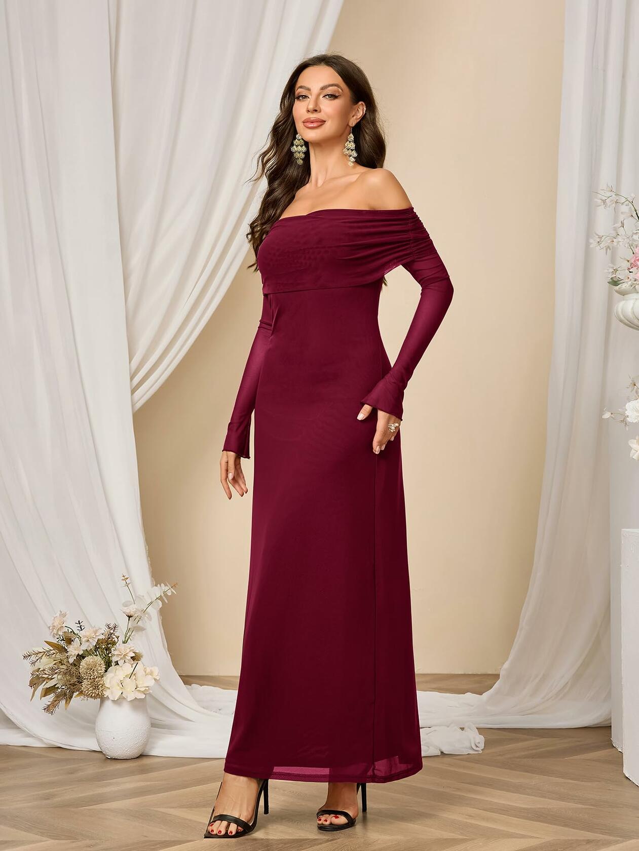 Colysmo Women Off Shoulder Mesh Bodycon Maxi Dress Burgundy Size XL