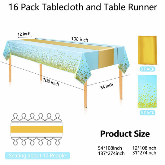 WDF 16Pack Blue Gold Plastic Tablecloths 54x108in & Runners 12x108in