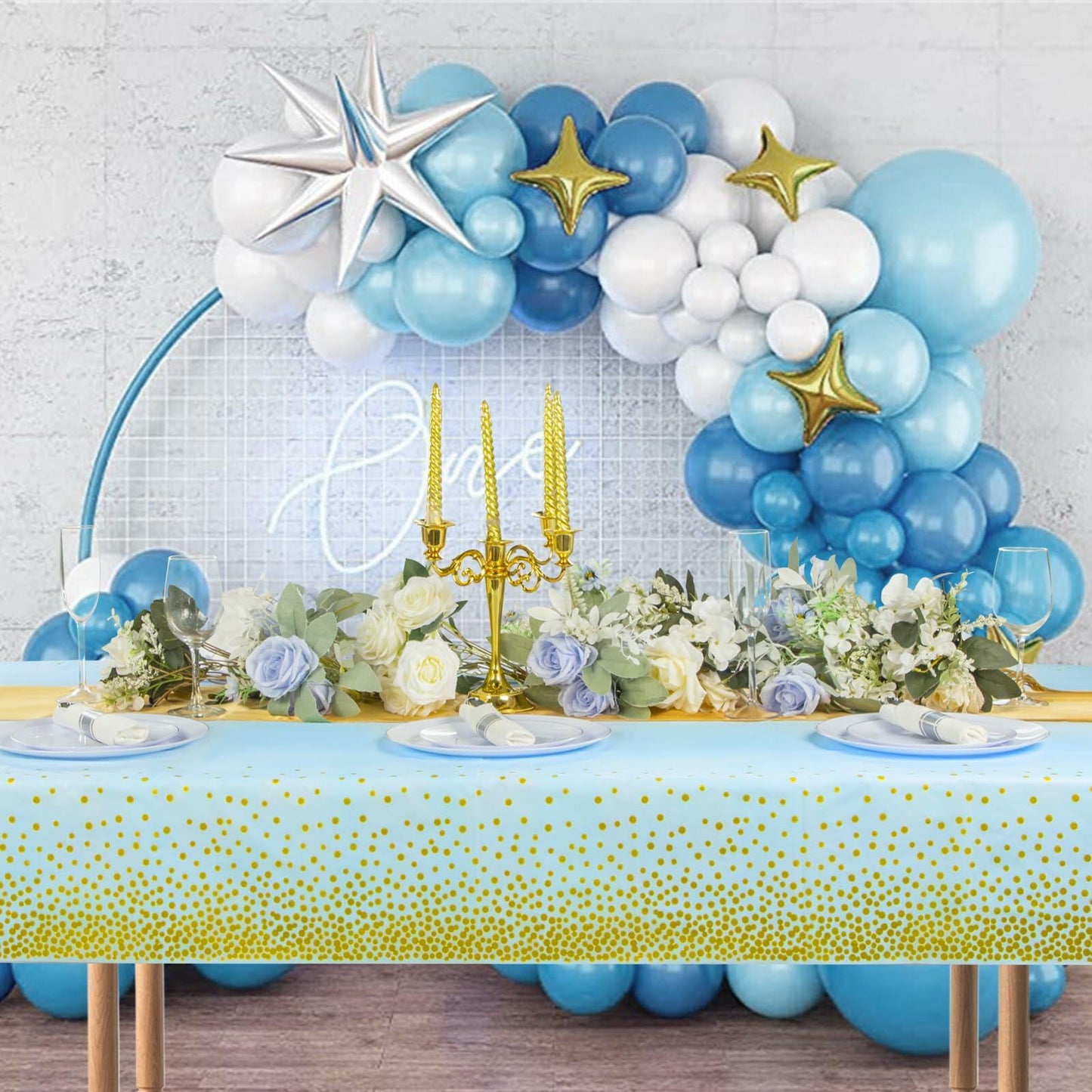 WDF 16Pack Blue Gold Plastic Tablecloths 54x108in & Runners 12x108in