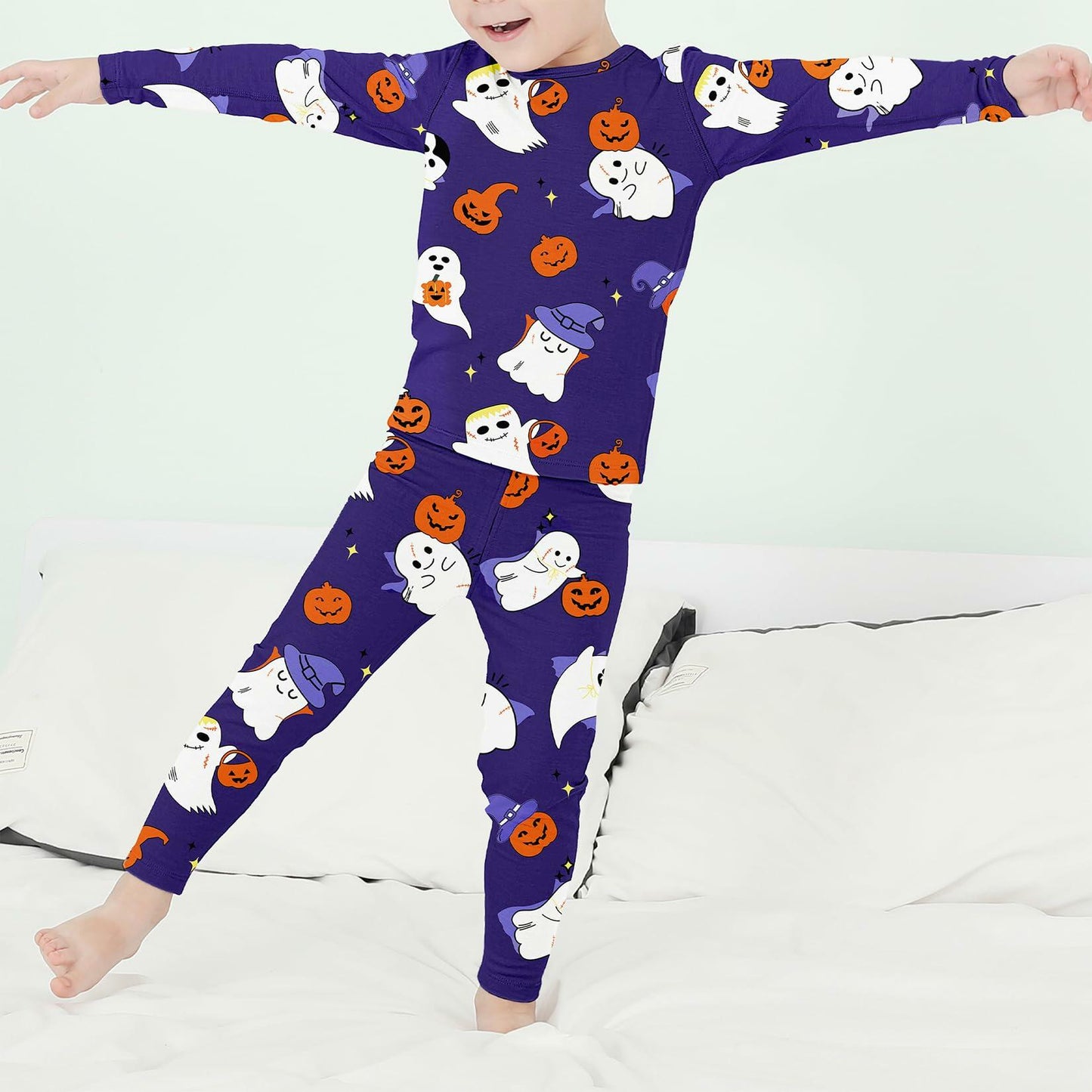 Kids Halloween Thermal Underwear Long Johns Base Layer Purple Ghost Size 2XL