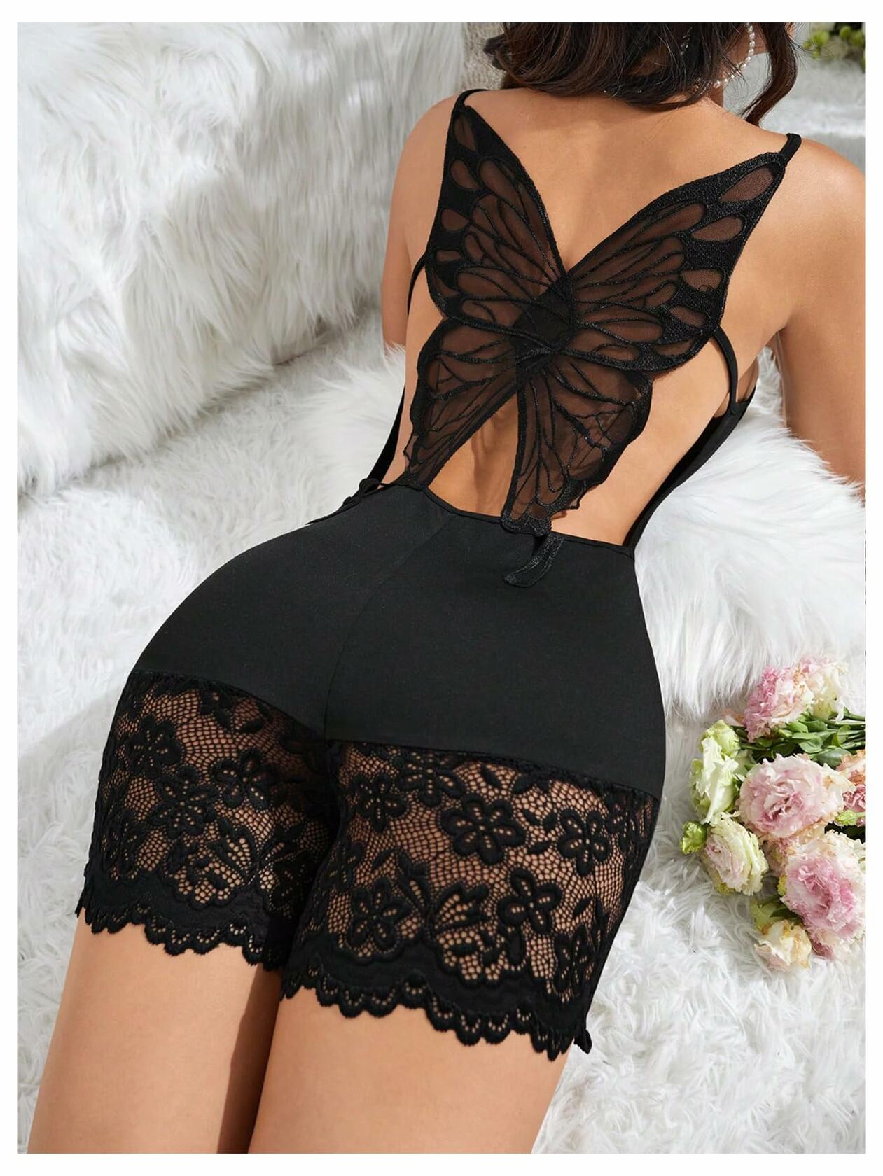 MakeMeChic Women's Lace Trim One Piece Sleepwear Romper Floral Black XL