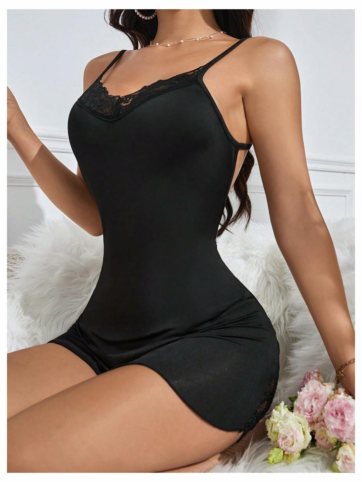 MakeMeChic Women's Lace Trim One Piece Sleepwear Romper Floral Black XL