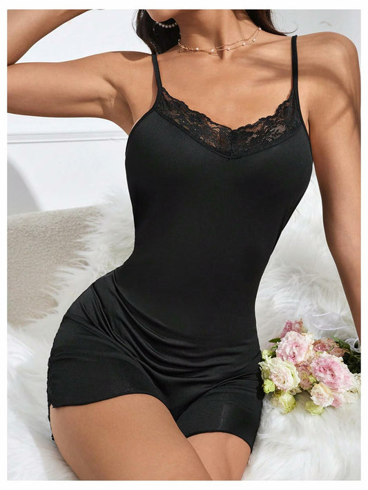 MakeMeChic Women's Lace Trim One Piece Sleepwear Romper Floral Black XL