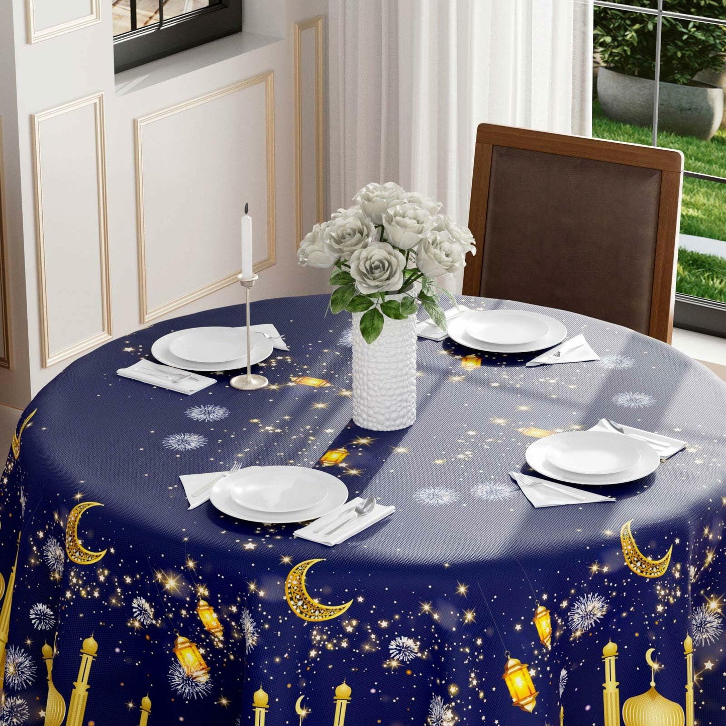 BOTB LIHM Ramadan Castle Lantern Tablecloth Round Washable 70x70 Inch