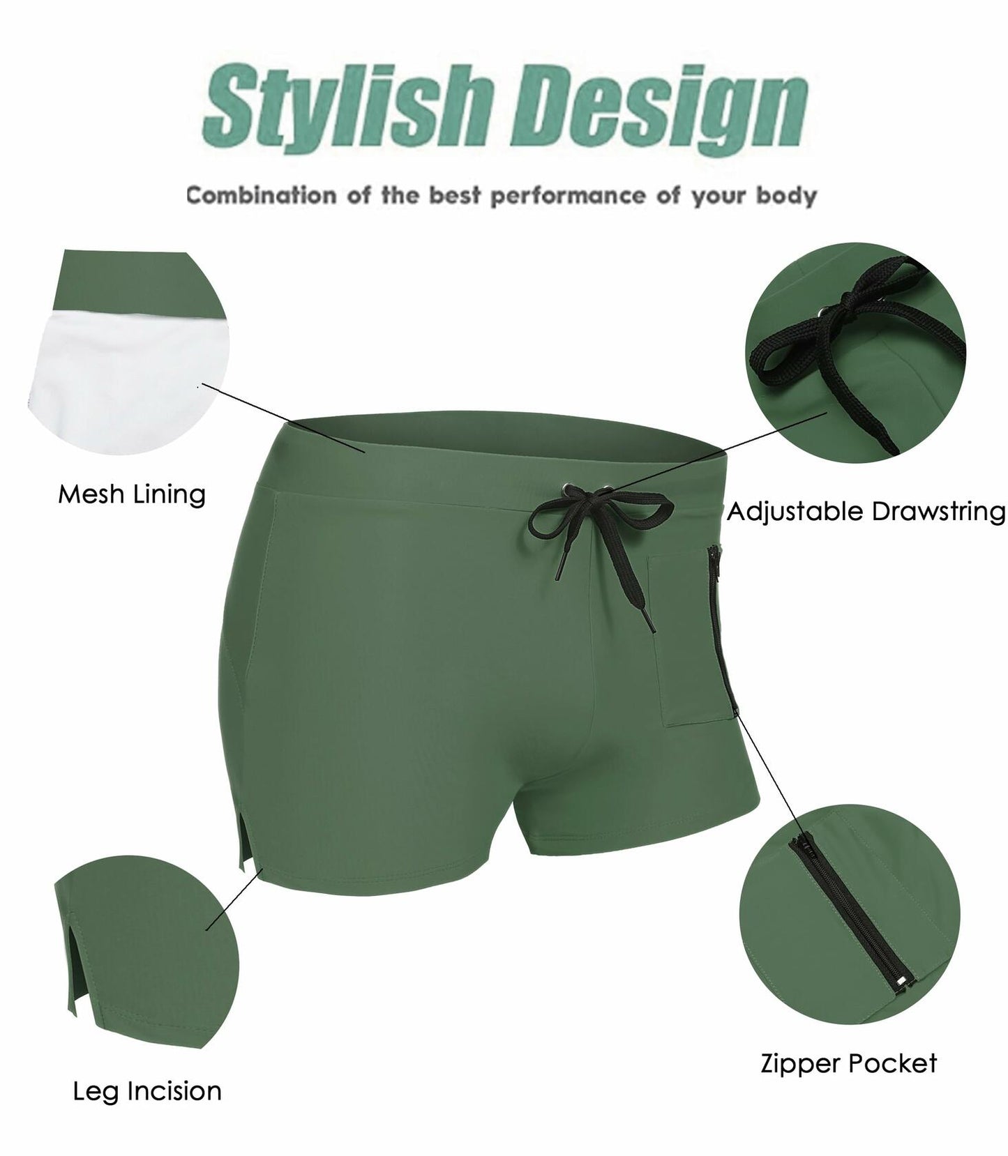COOFANDY Men's Trunk Square Leg Board Short Brief Swimsuit Army Green Size XL