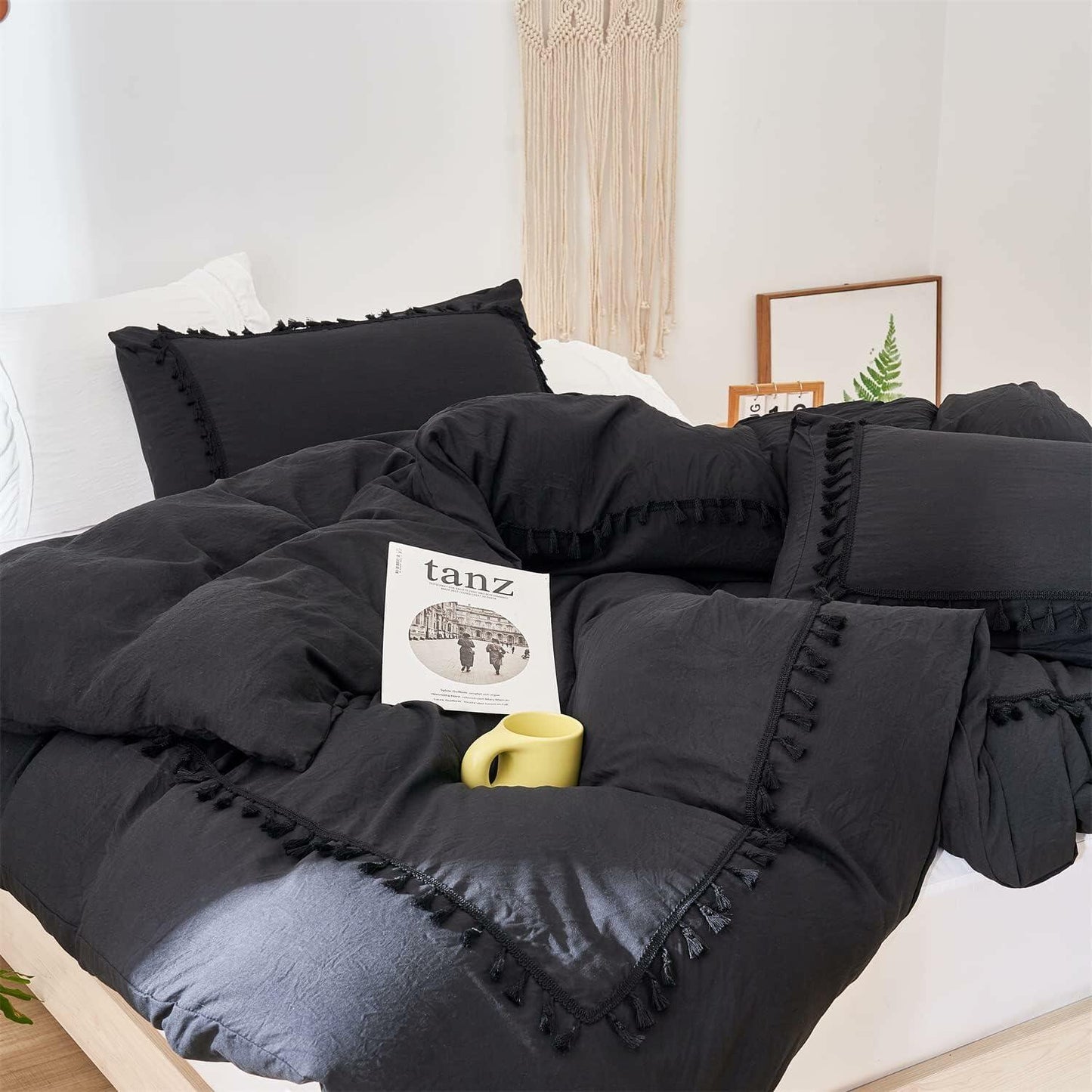 SOUKECHY Boho Chic Full Duvet Cover 3PC Tufted Tassel Fringe Boho Full