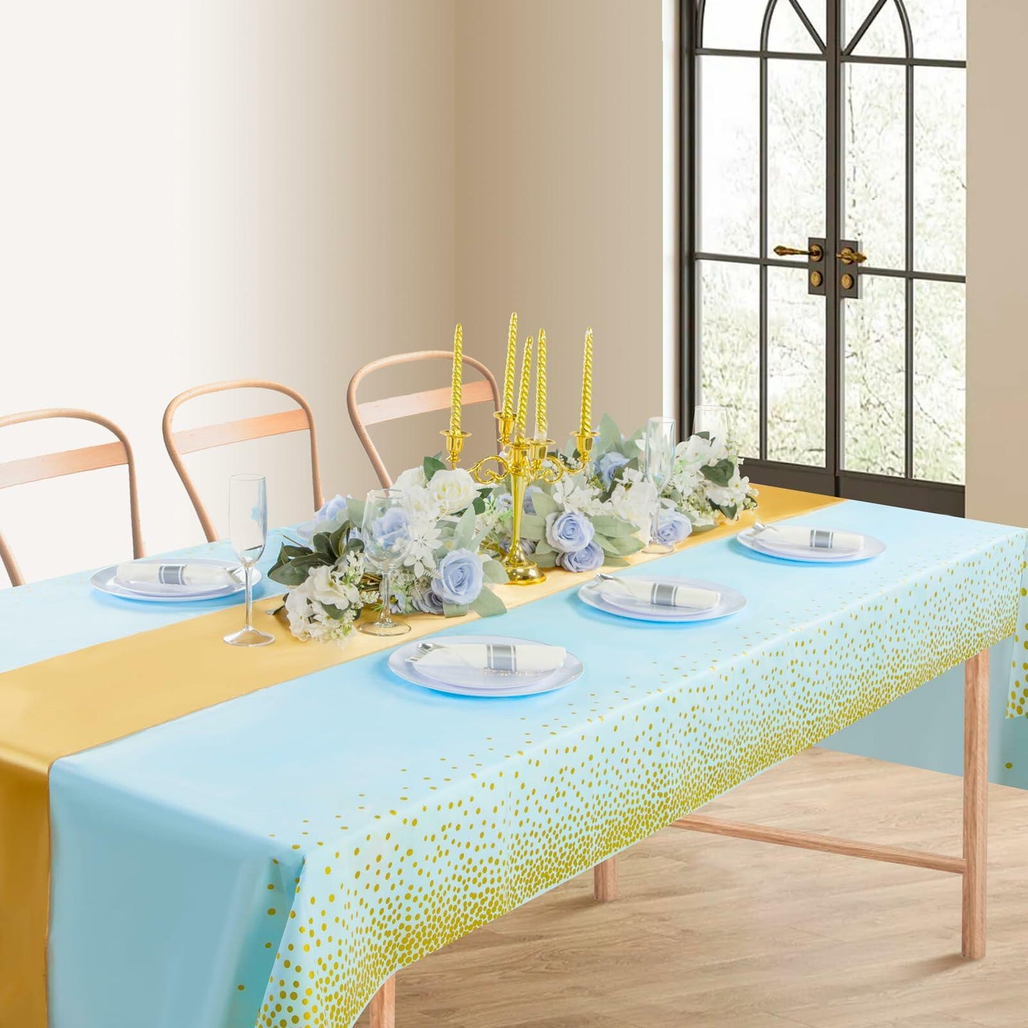 WDF 16Pack Blue Gold Plastic Tablecloths 54x108in & Runners 12x108in