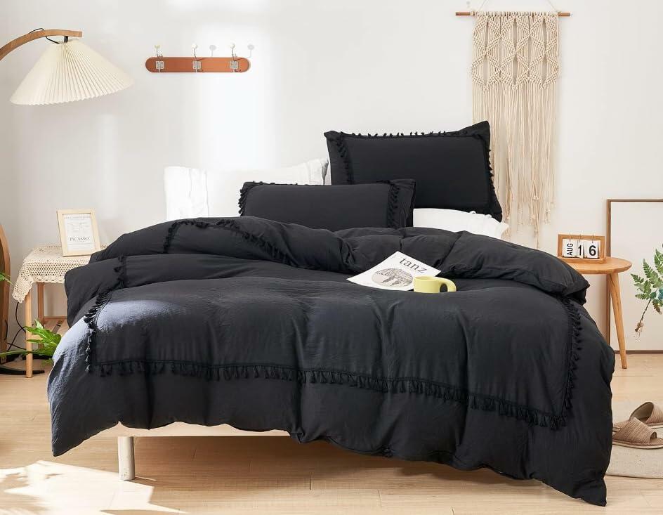 SOUKECHY Boho Chic Full Duvet Cover 3PC Tufted Tassel Fringe Boho Blue Full