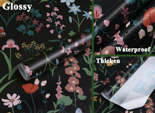 Dimoon 236x16.1 Floral Peel and Stick Wallpaper Black Green Waterproof