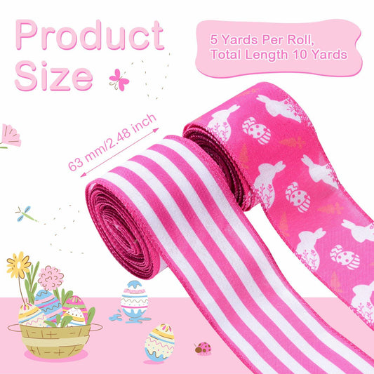 Pineraap Easter Wired Ribbon 2.5in x 10yd Pink Stripe 2 Rolls