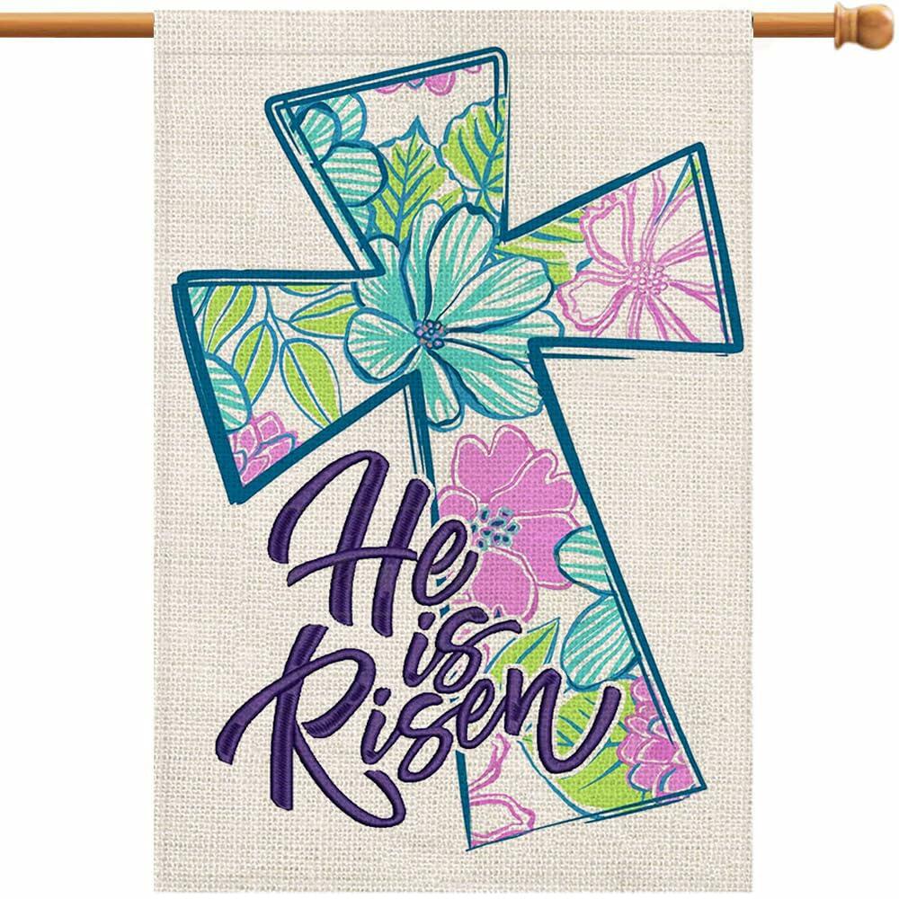 He is Risen Cross Easter Garden Flag 12x18 Inch Double Sided Outdoor Decor