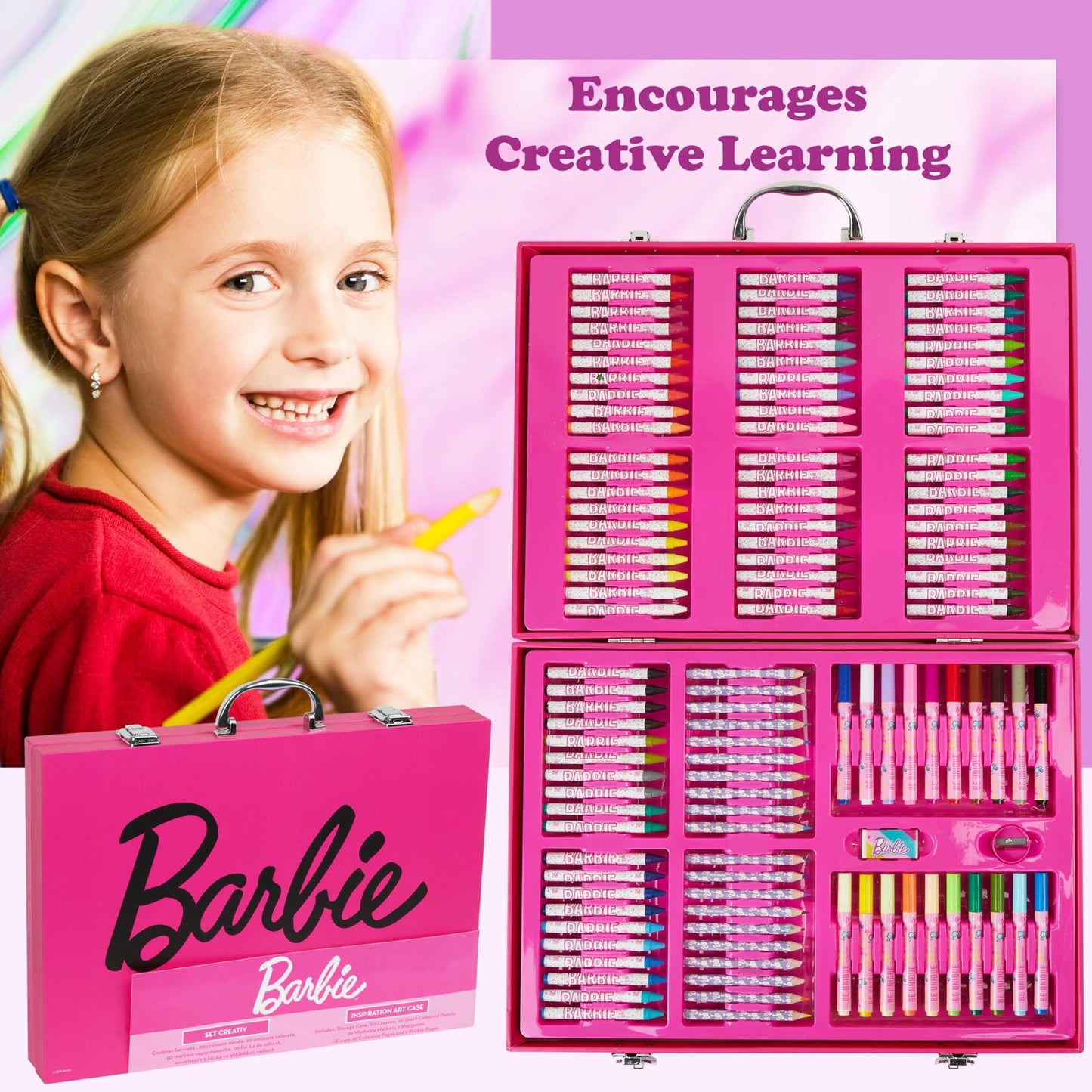 Barbie Colored Pencils & Markers Art Set 130+ Pcs Kids 4-12 Drawing Case