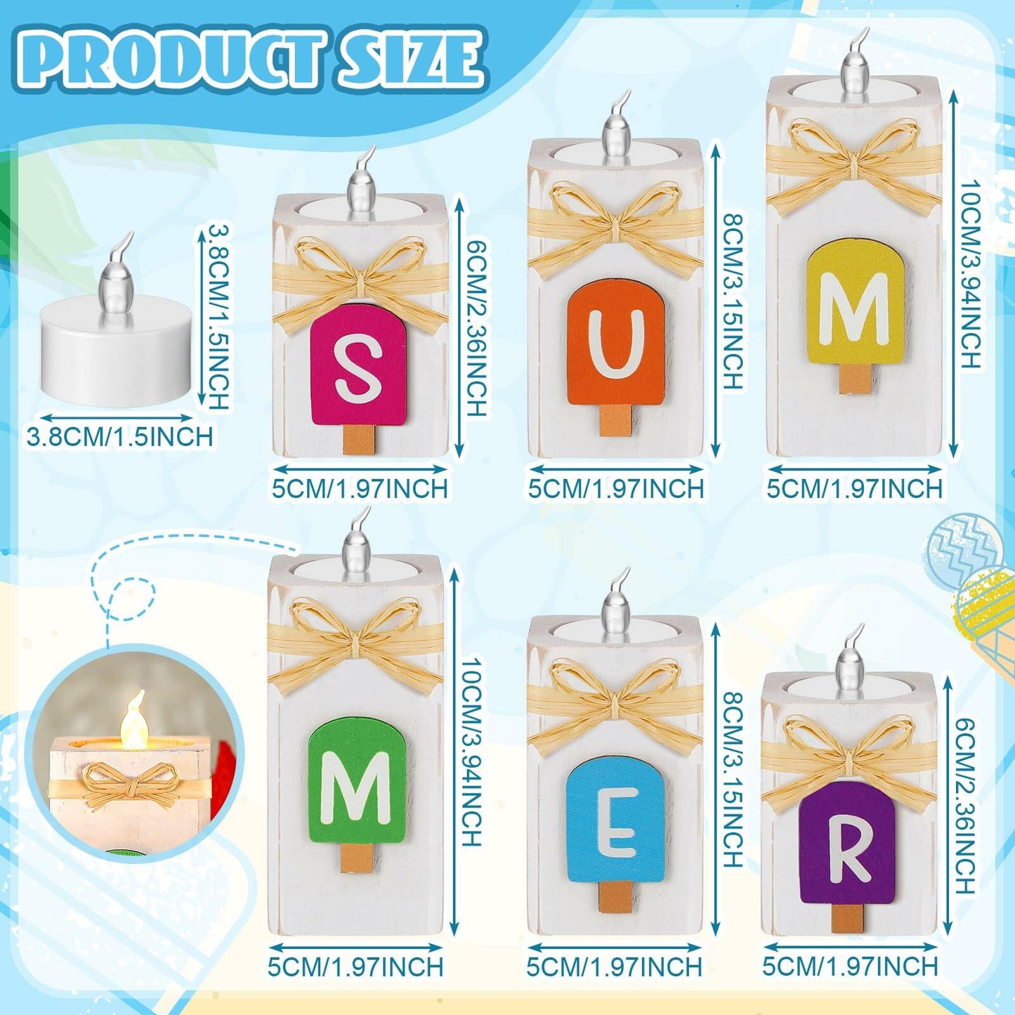 MiniInflat Summer Ice Cream Wooden Candlestick Set of 6 Colorful