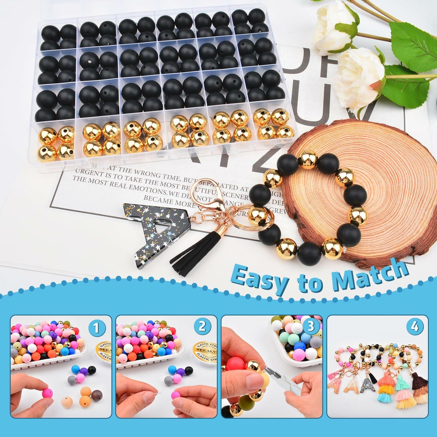 96PCS 15mm Silicone Beads Kit, 2 Colors Round Rubber Beads for DIY Crafts