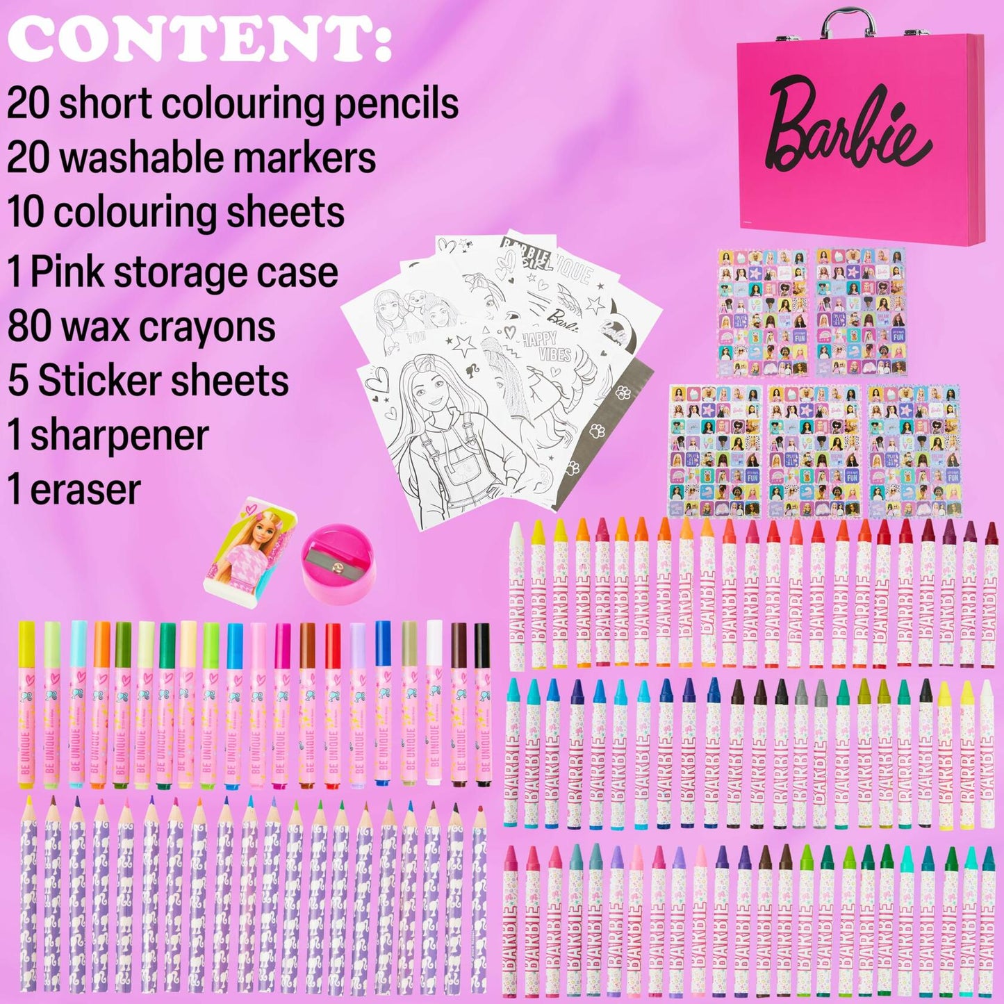 Barbie Colored Pencils & Markers Art Set 130+ Pcs Kids 4-12 Drawing Case