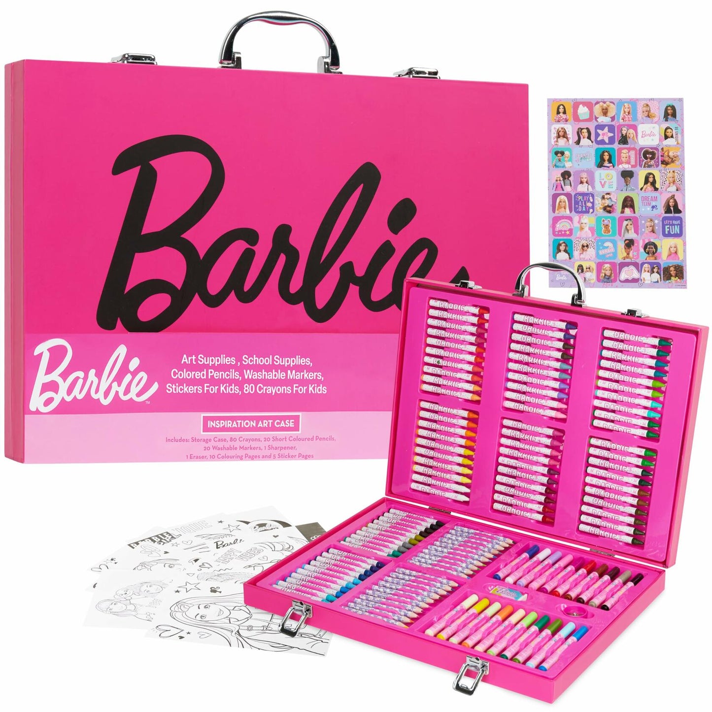 Barbie Colored Pencils & Markers Art Set 130+ Pcs Kids 4-12 Drawing Case