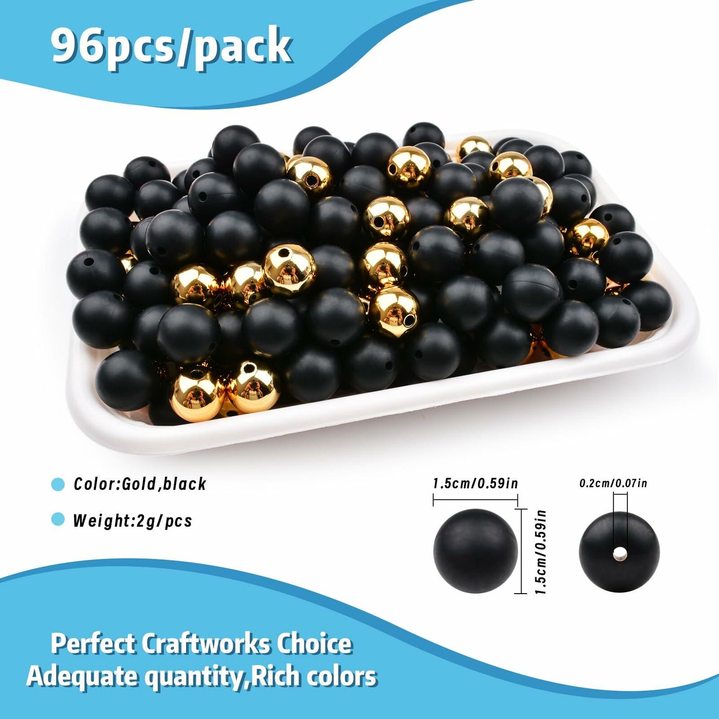 96PCS 15mm Silicone Beads Kit, 2 Colors Round Rubber Beads for DIY Crafts