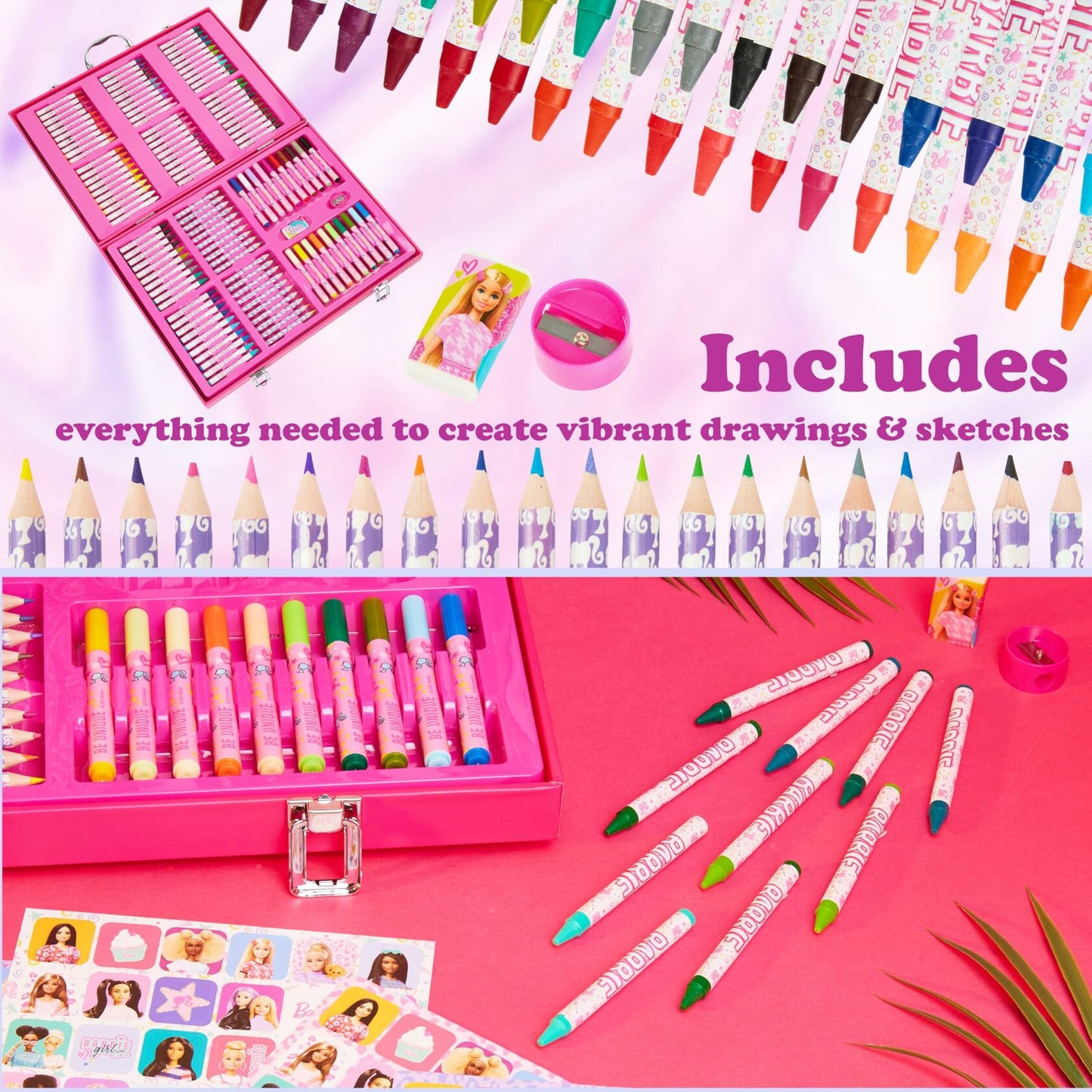 Barbie Colored Pencils & Markers Art Set 130+ Pcs Kids 4-12 Drawing Case