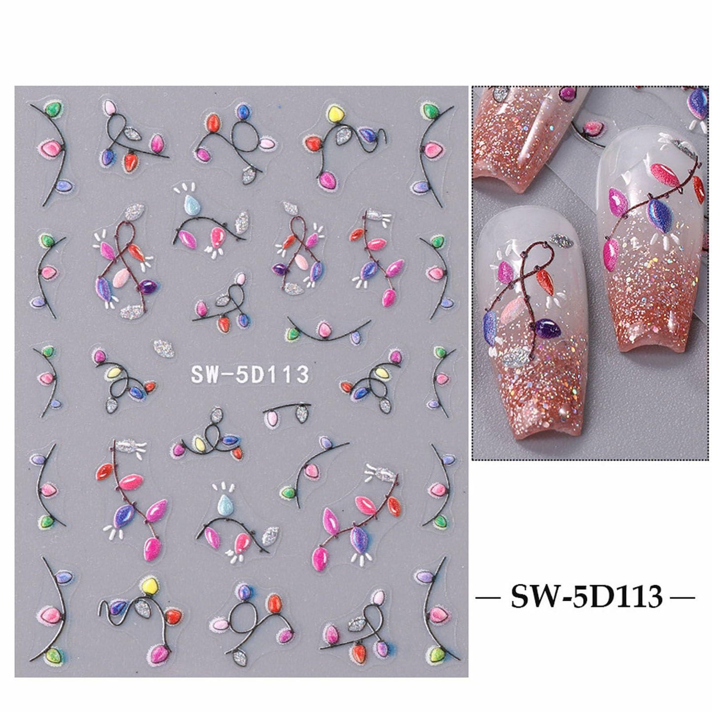 2pcs Christmas Colour Lamp Nail Stickers 5D Embossed Self-Adhesive Decals
