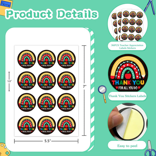 FLYAB Thank You Teacher Stickers 1.5" Apple Labels 36Pcs Gift Tags