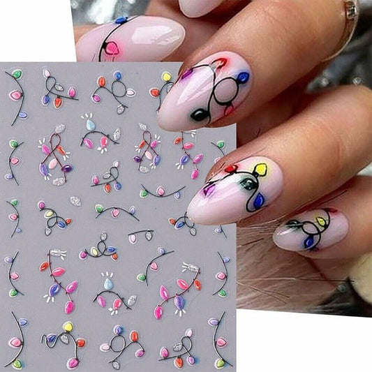 2pcs Christmas Colour Lamp Nail Stickers 5D Embossed Self-Adhesive Decals