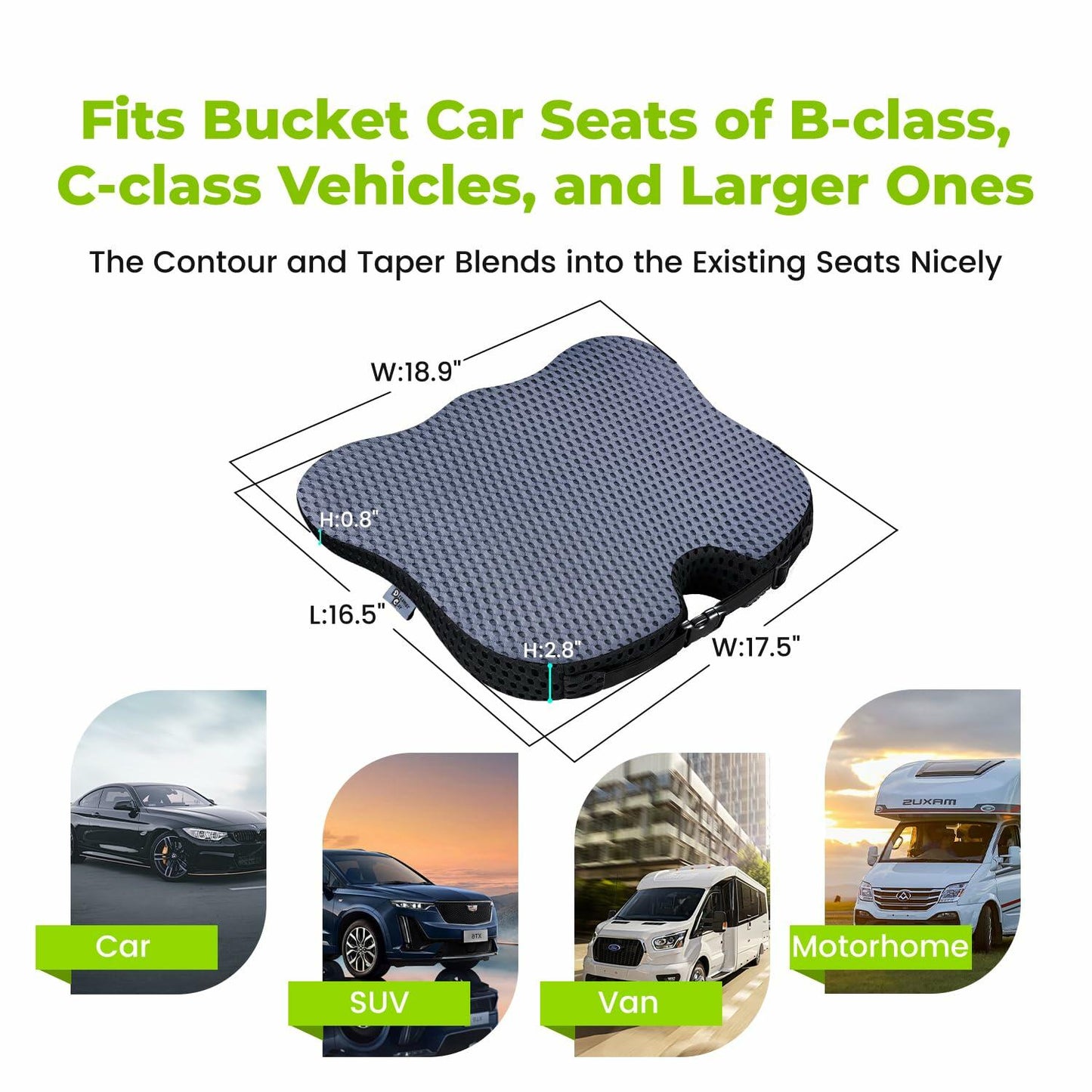 Memory Foam CarSeat Cushion Wedge Raised Back Comfort Support Gray 18.9x16.5x2.8
