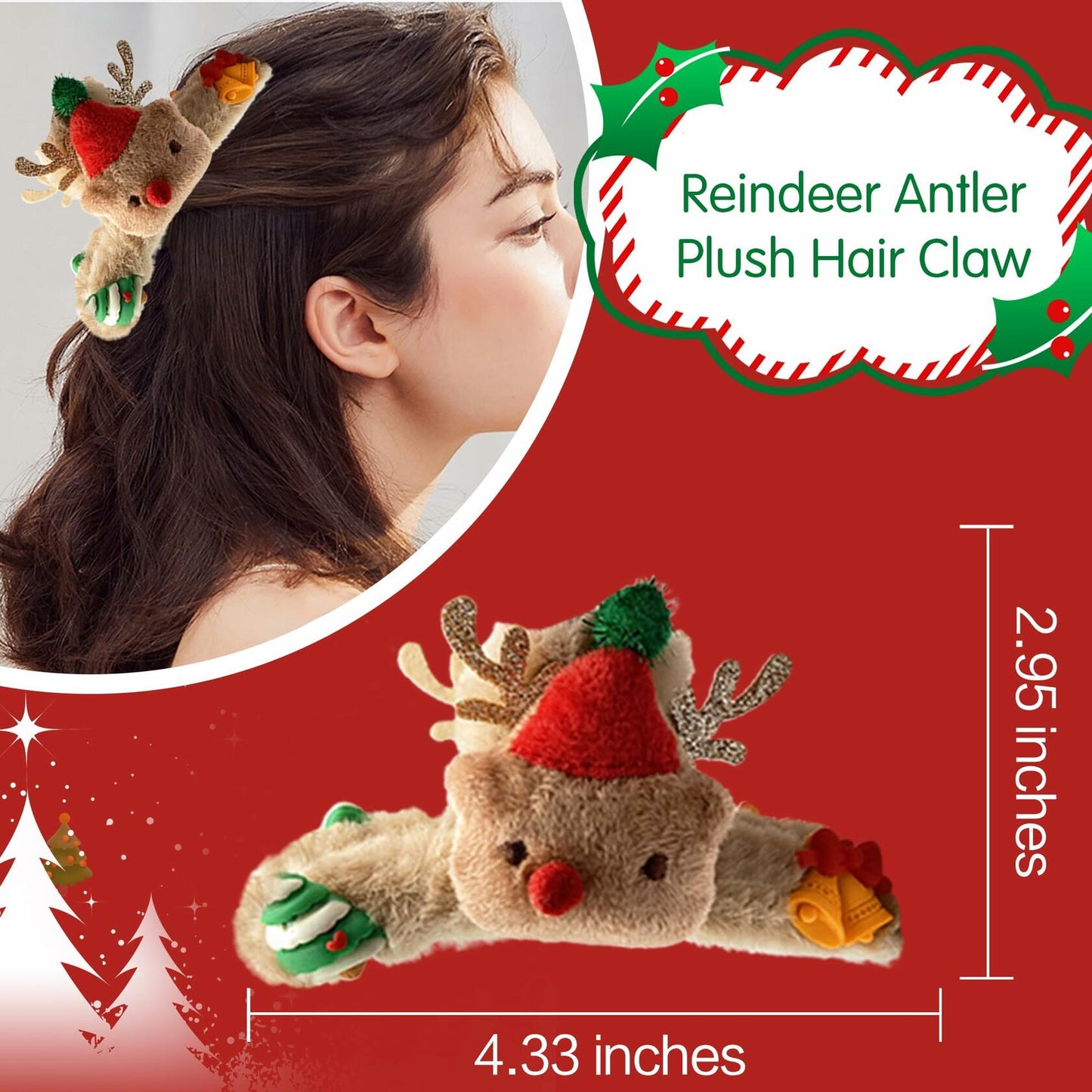 Beleki Plush Reindeer Antler Hair Claw Clip Christmas Hair Accessory 1 Pack