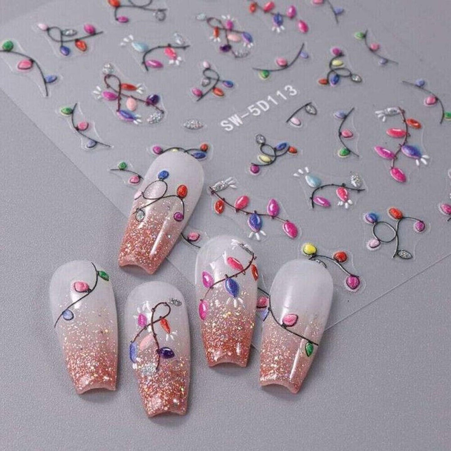 2pcs Christmas Colour Lamp Nail Stickers 5D Embossed Self-Adhesive Decals