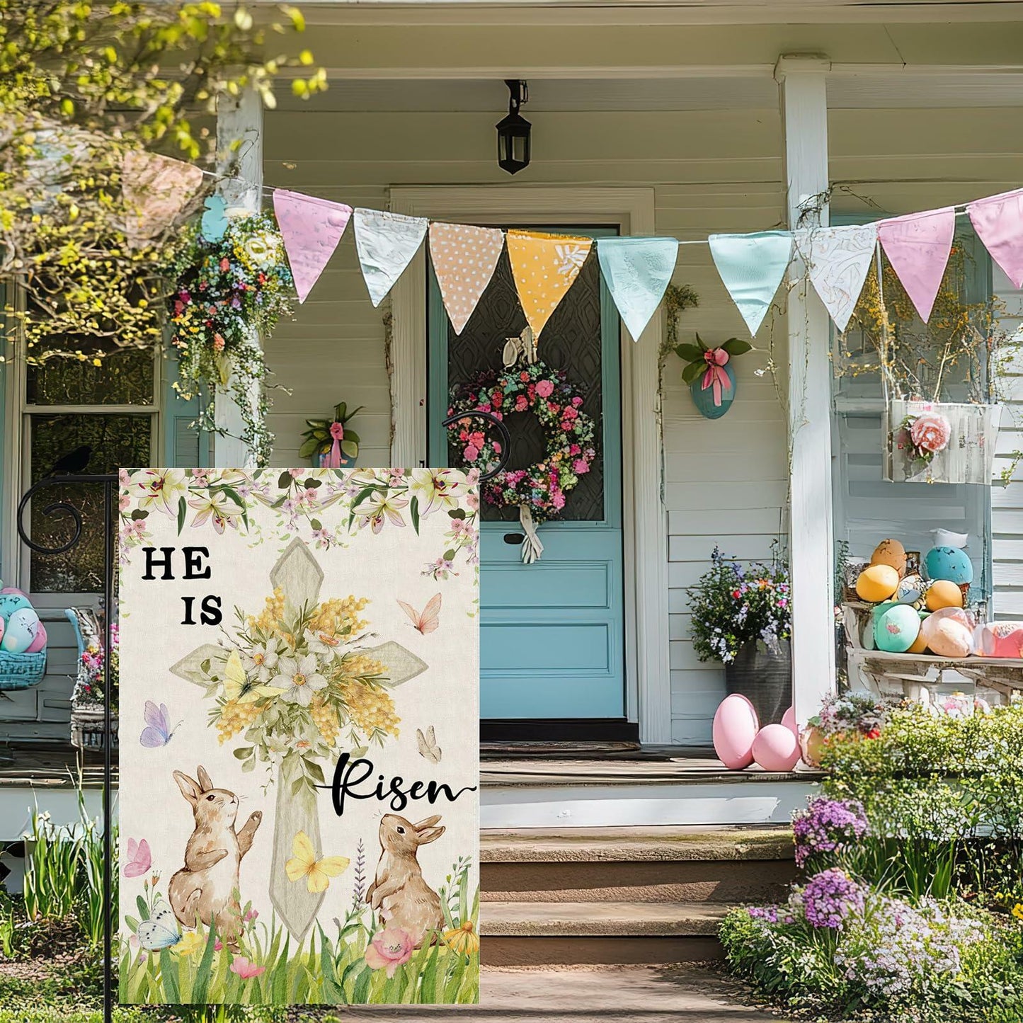 ZAEW Easter Watercolor Cross Bunny Garden Flag 12x18 Inch Double Sided