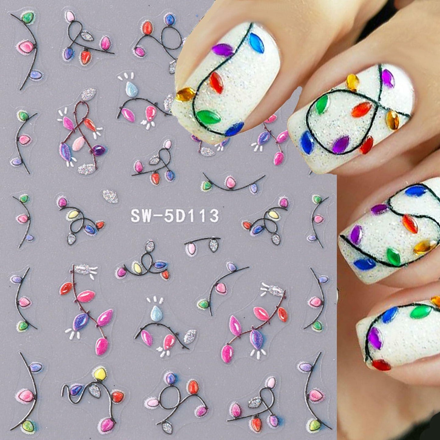 2pcs Christmas Colour Lamp Nail Stickers 5D Embossed Self-Adhesive Decals