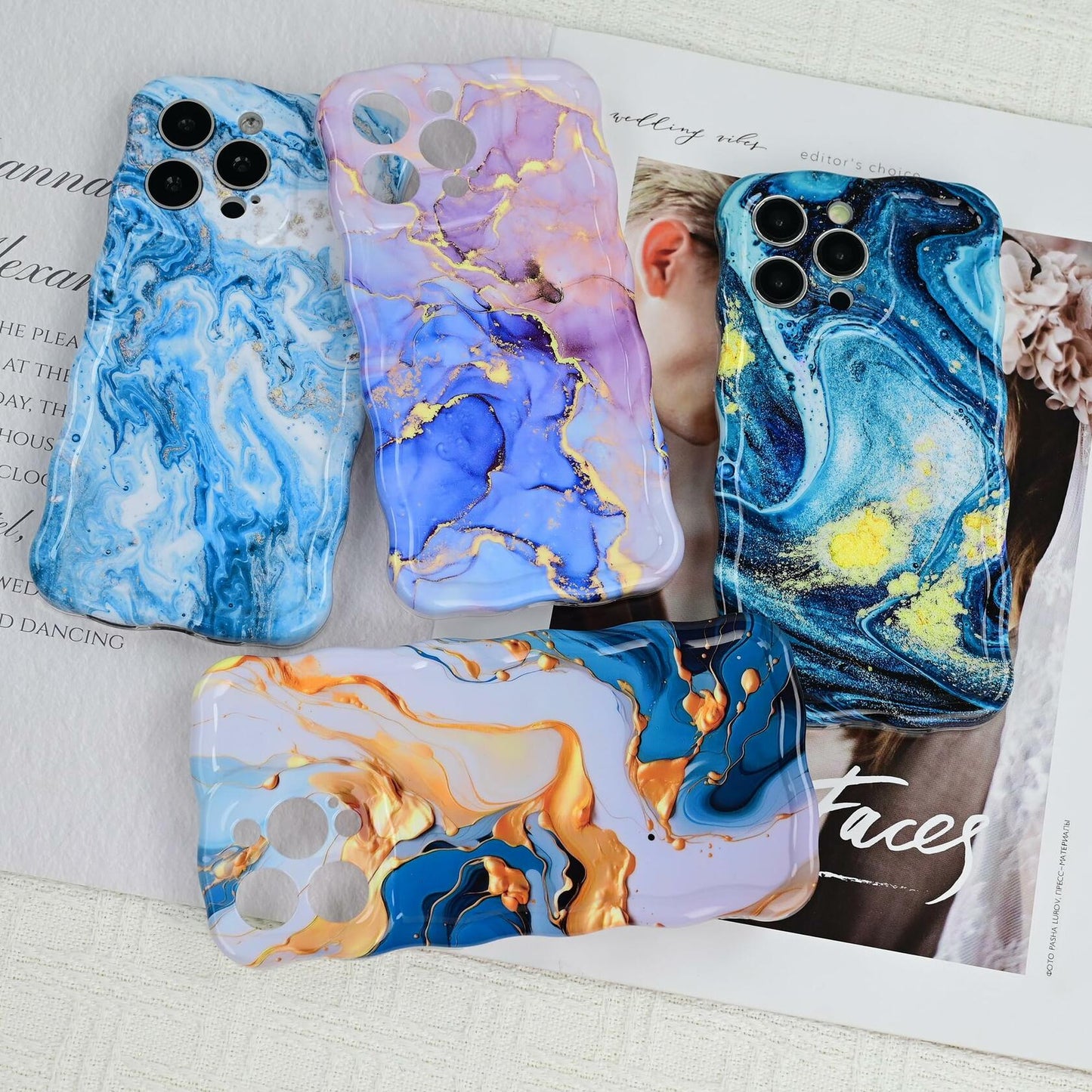 DORAFIN iPhone 15 Pro Case 6.1 Marble Glossy Shockproof TPU Blue/Gold