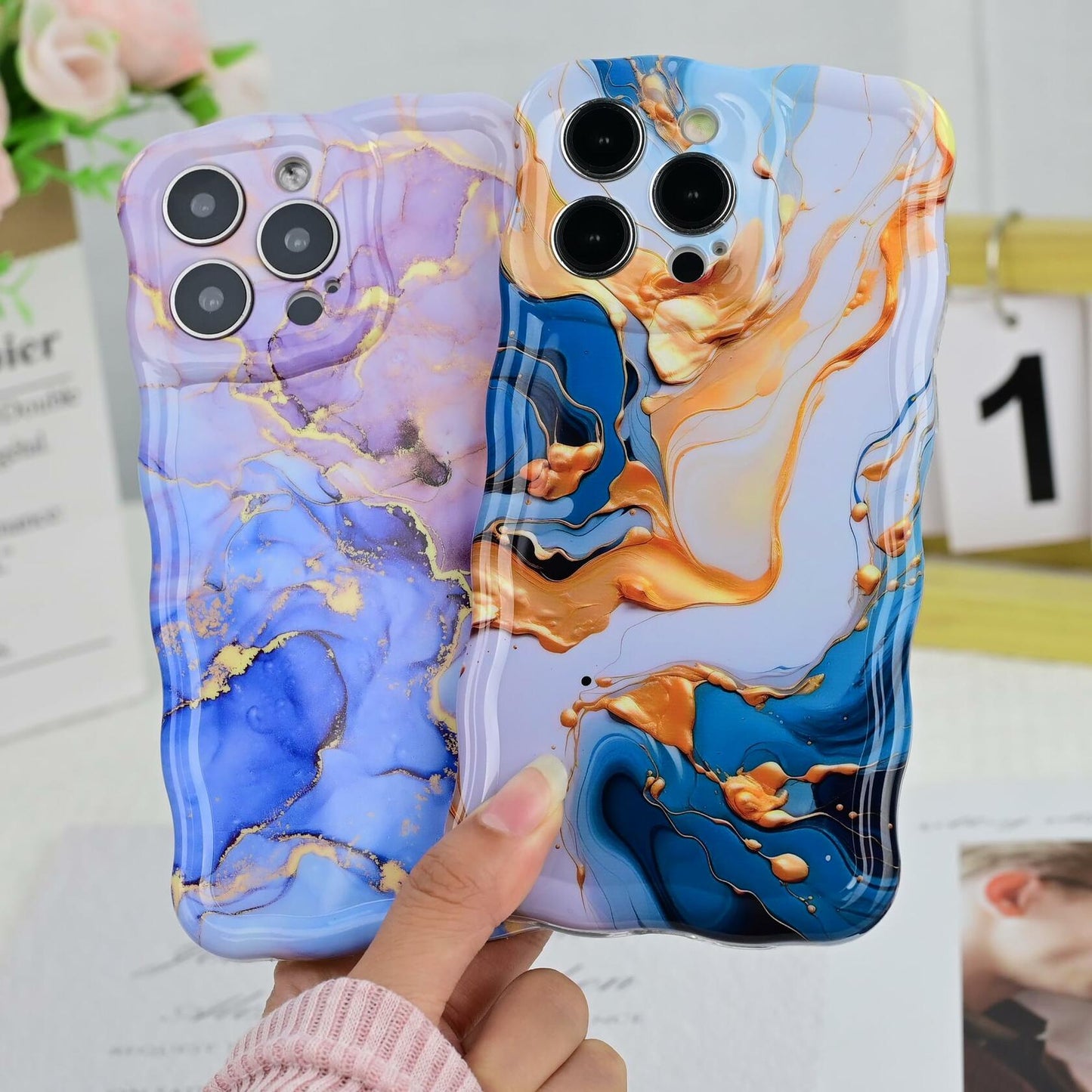 DORAFIN iPhone 15 Pro Case 6.1 Marble Glossy Shockproof TPU Blue/Gold