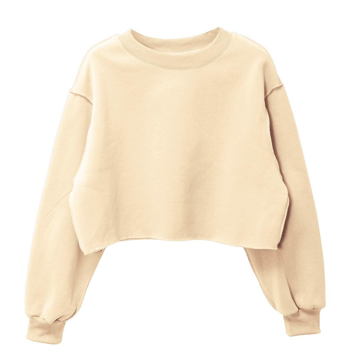 Amazhiyu Women Cropped Sweatshirt Long Sleeve Fleece Pullover Cornsilk Size L