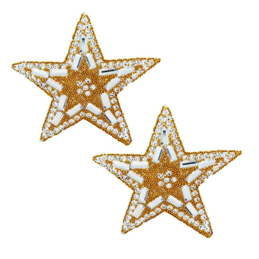 Gold Rhinestone Five-Pointed Star Iron On Patch 2pcs for Backpack Shoes Jeans
