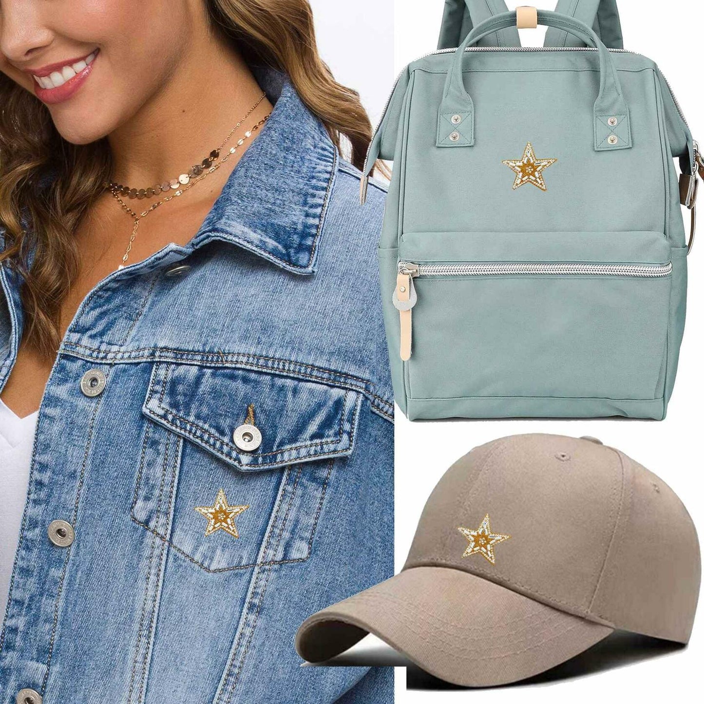 Gold Rhinestone Five-Pointed Star Iron On Patch 2pcs for Backpack Shoes Jeans