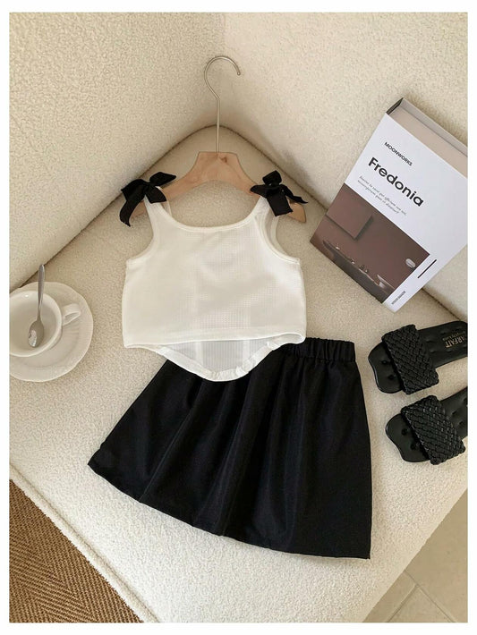 GORGLITTER Girl's 2PC Summer Outfit Bow Tie Crop Tank Pleated Skirt Black 4Y