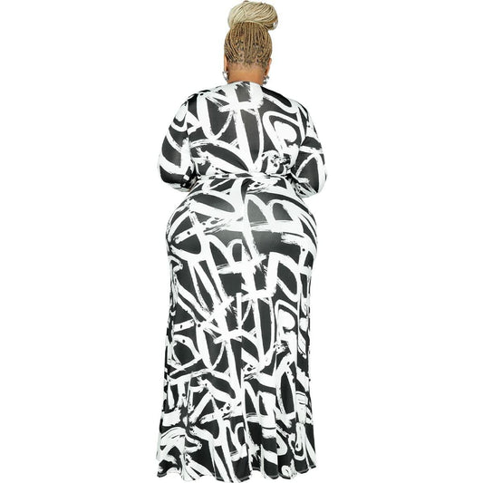 BFFBABY Sexy Wrap V Neck 3/4 Sleeve Chain Print Maxi Dress with Belt Size 5XL