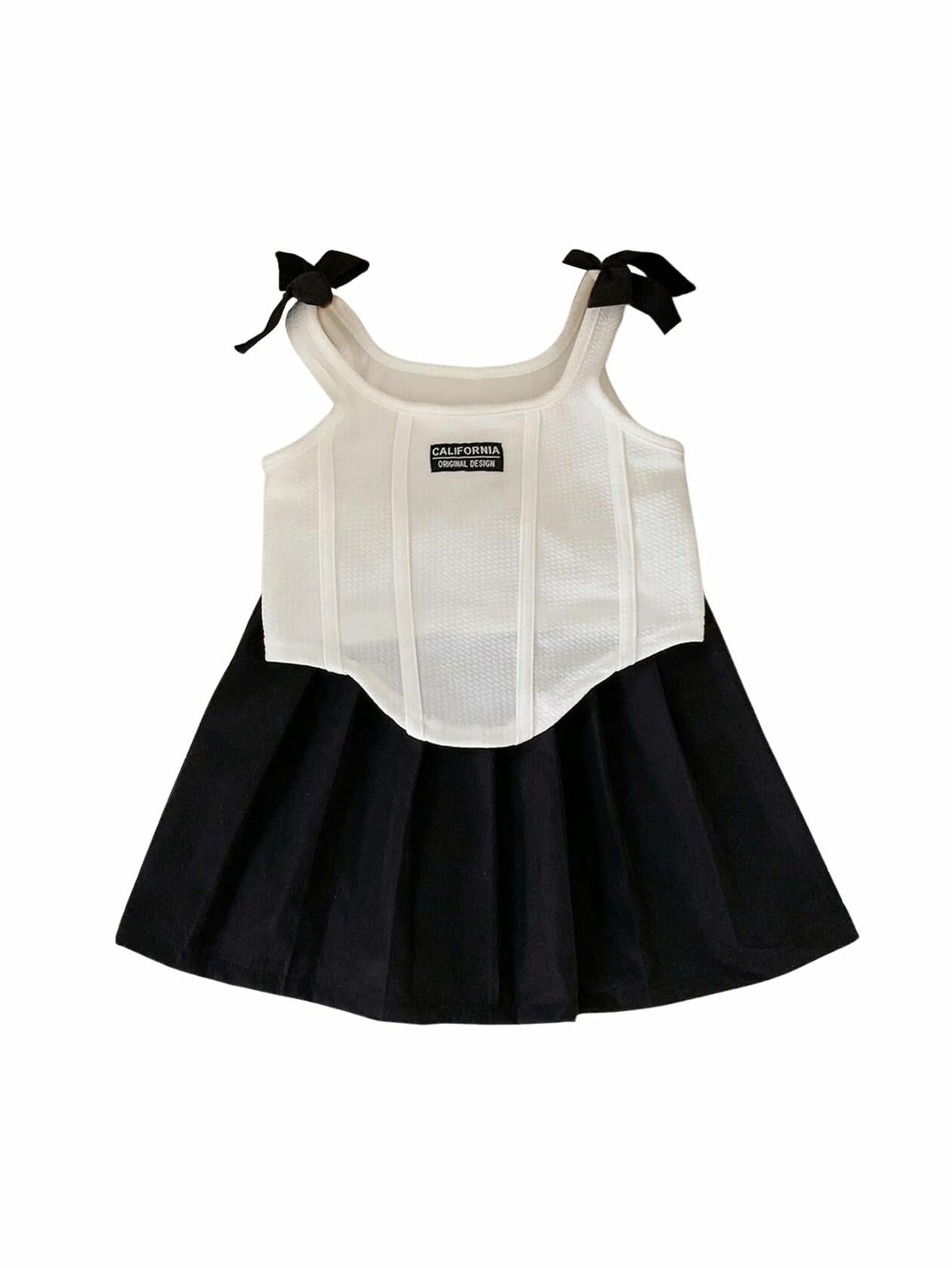 GORGLITTER Girl's 2PC Summer Outfit Bow Tie Crop Tank Pleated Skirt Black 4Y