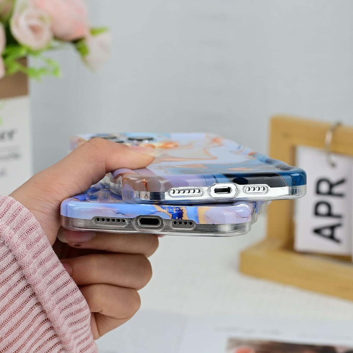 DORAFIN iPhone 15 Pro Case 6.1 Marble Glossy Shockproof TPU Blue/Gold