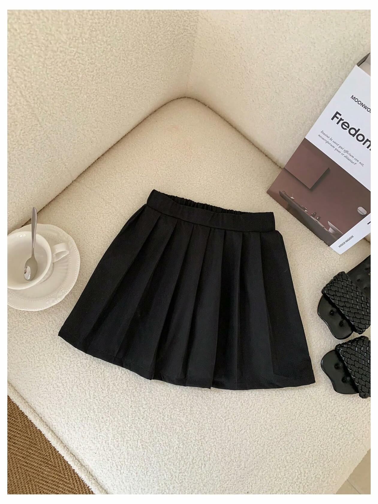 GORGLITTER Girl's 2PC Summer Outfit Bow Tie Crop Tank Pleated Skirt Black 4Y