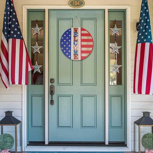 DECSPAS 12in Double Sided Welcome Door Sign Patriotic Wreath Red White Blue