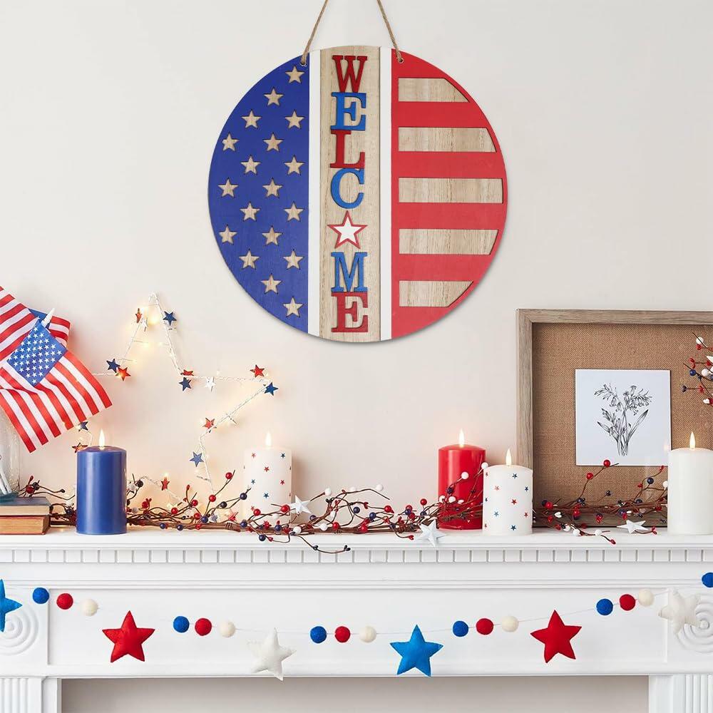 DECSPAS 12in Double Sided Welcome Door Sign Patriotic Wreath Red White Blue
