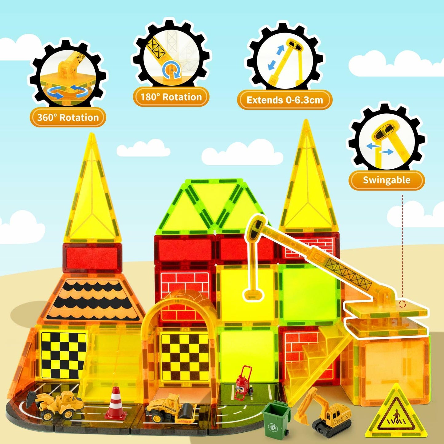 Magnetic Tiles Kids Construction Toys with Trucks Road Signs Mat Storage Bag