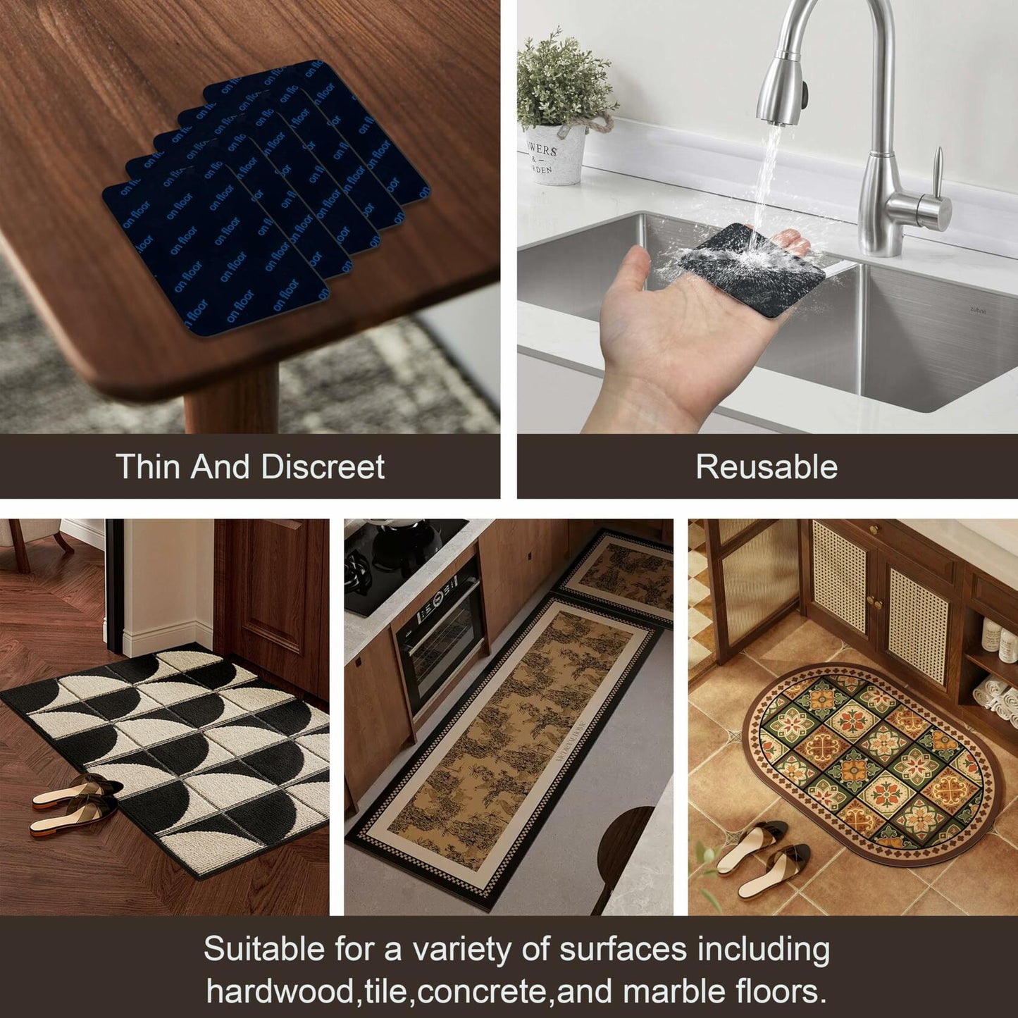 Rug Pad Grippers Double Sided Washable Rug Tape Adhesive Corners Black 4pc